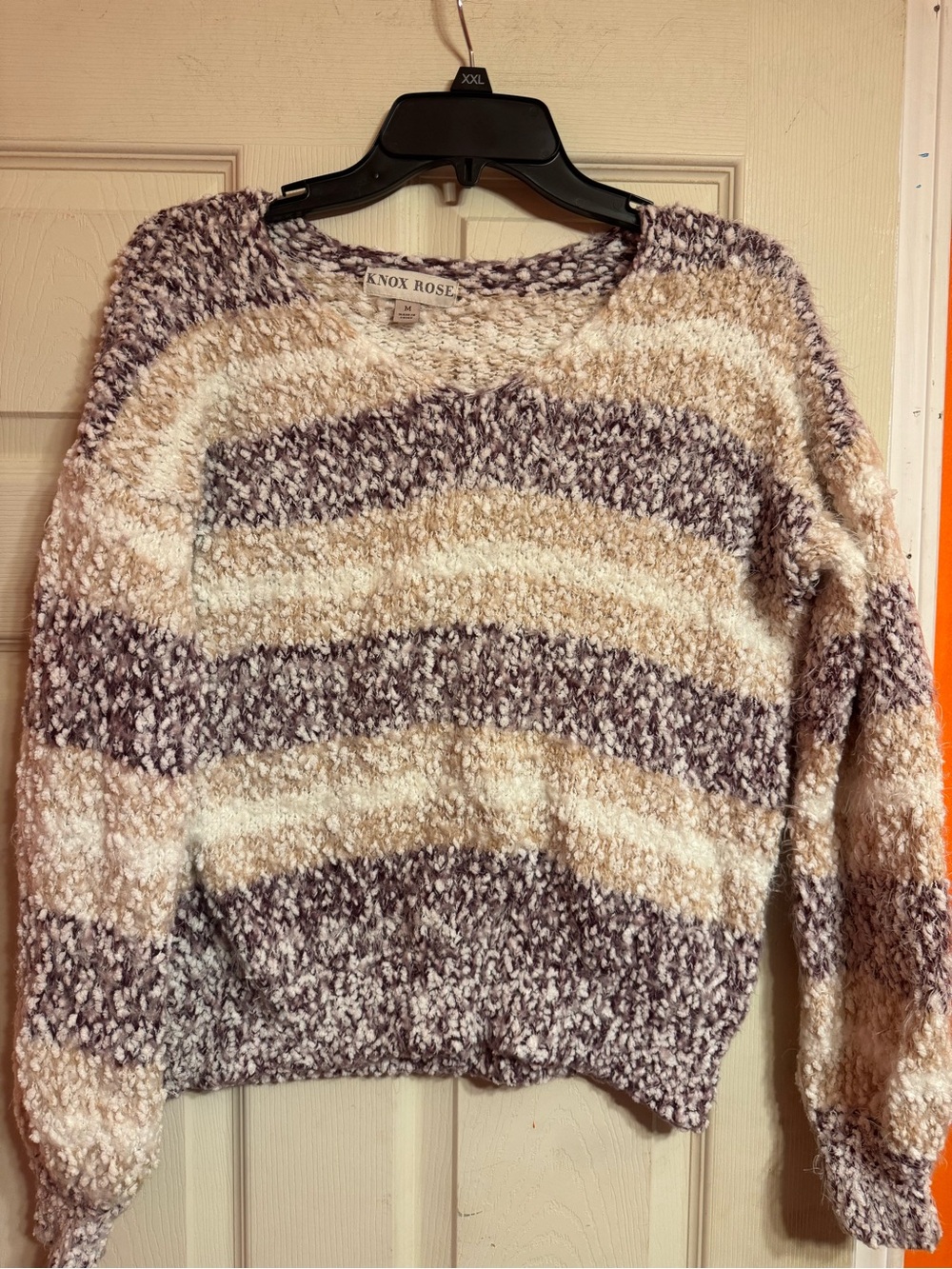Knox Rose Cozy Striped Crewneck Sweater in Cream & Mauve